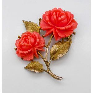Vintage Carved Lucite Roses Brooch, Elegant Faux Coral Flowers on Gold Tone